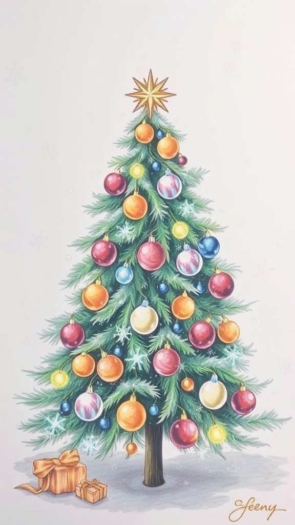 Christmas Pencil Drawing Techniques Pencil drawing of a decorated Christmas tree with snowflakes in the background.